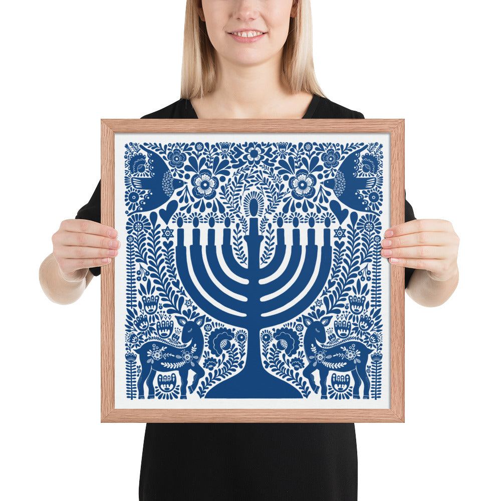 Framed Hanukkah Blue Menorah