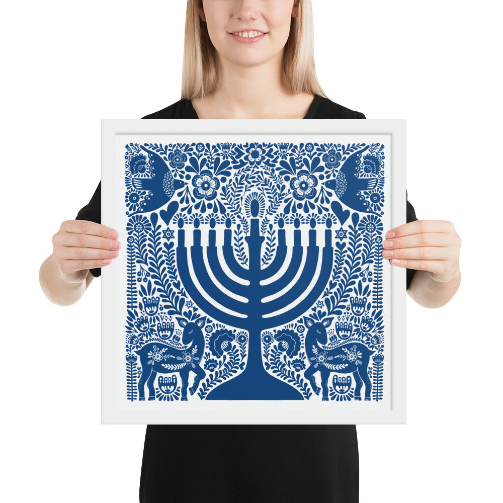 Framed Hanukkah Blue Menorah